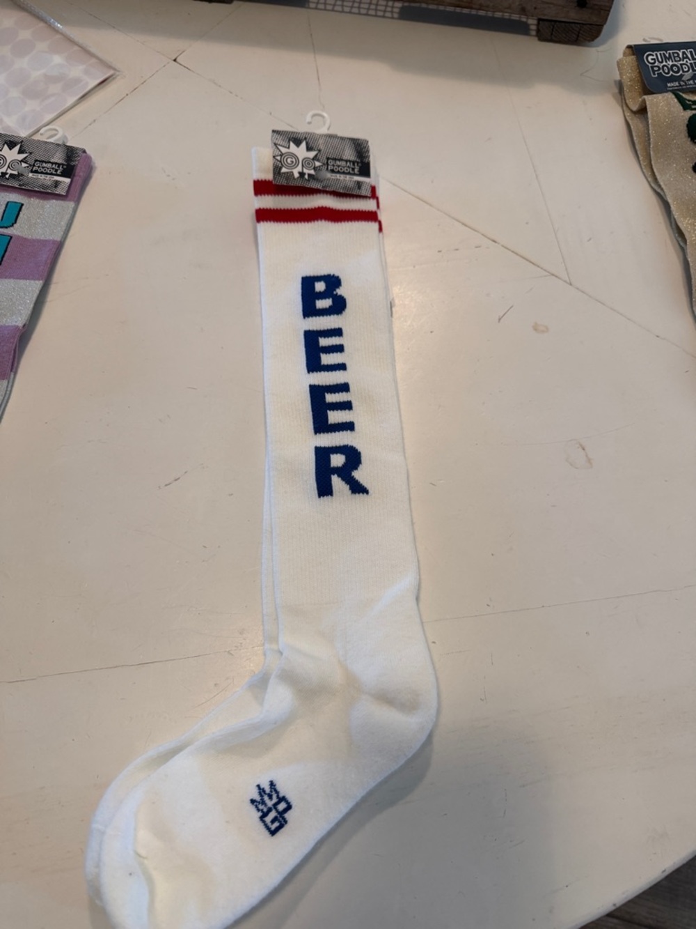 White Athletic Knee-High Socks with Blue 'BEER' Lettering and Red Stripes